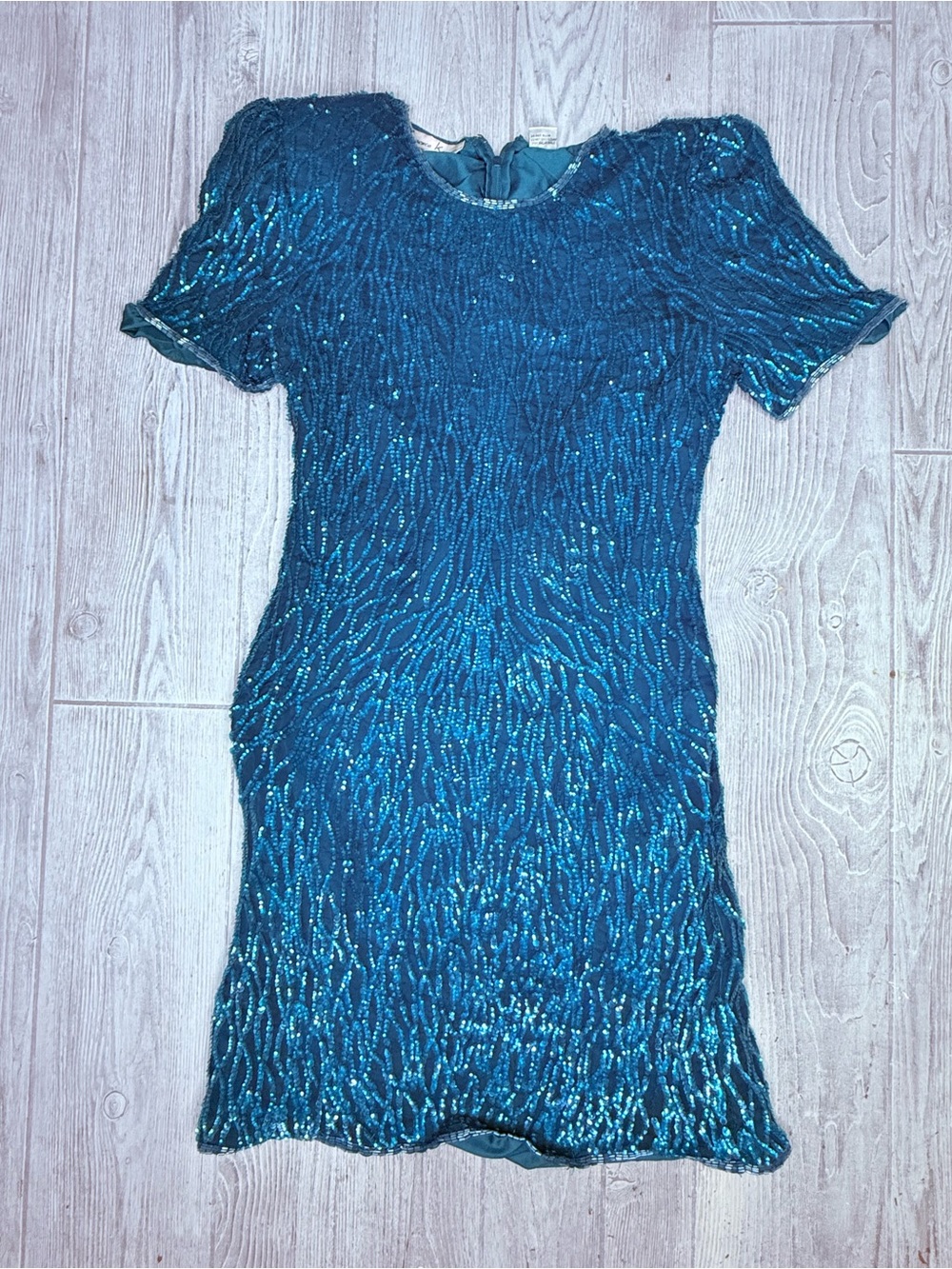 VINTAGE 1980 Lawrence kazar Teal Sequin Short Sleeve Cocktail Formal Dress silk